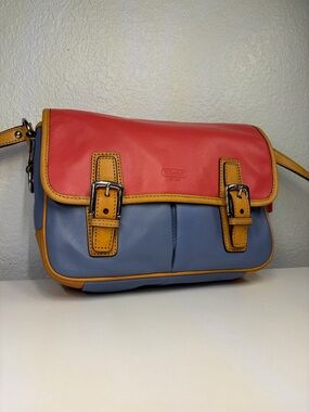 Coach Colorblock Leather Crossbody Bag in Coral, Blue & Tan- VINTAGE